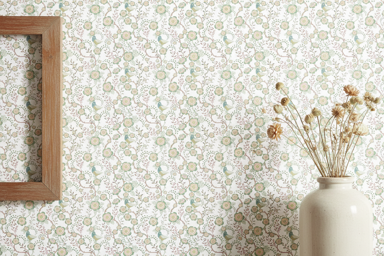 Reval Wallpaper Epiphany - Creme - Romantisk tapet med fåglar och blommor – högkvalitativ tapet för en personlig och harmo...
