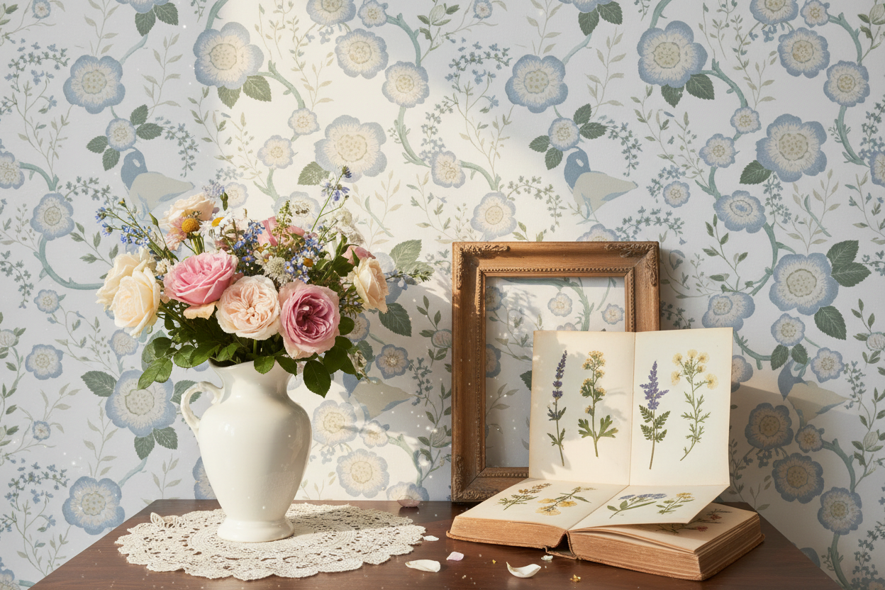 Reval Wallpaper Epiphany - Creme grön - Romantisk tapet med fåglar och blommor – högkvalitativ tapet för en personlig och ...