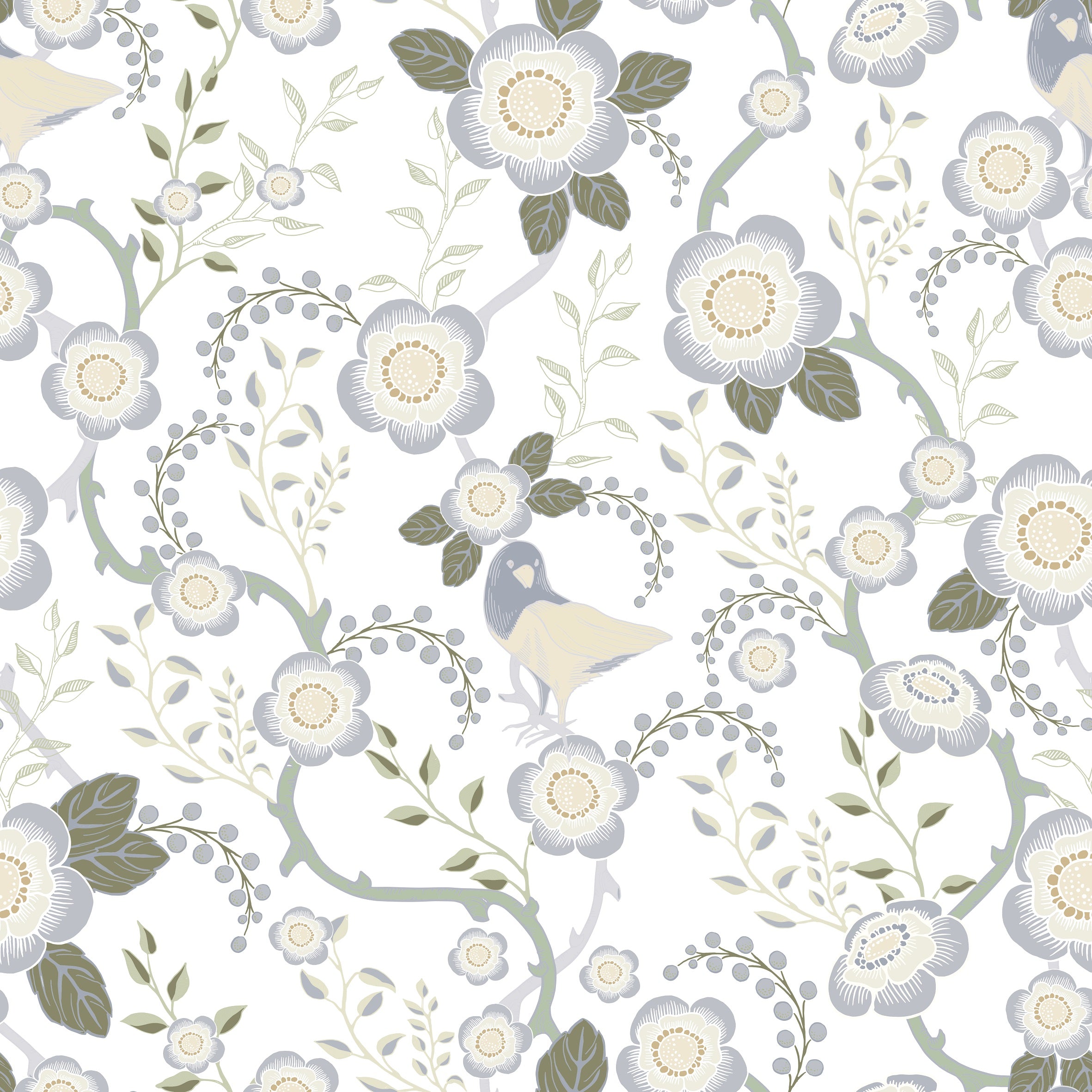 Epiphany - Creme grön - Romantisk tapet med fåglar och blommor