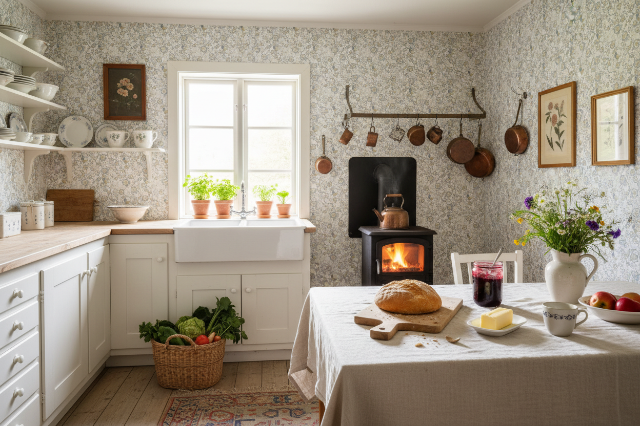 Epiphany - Ljusblå - Romantisk tapet med fåglar och blommor