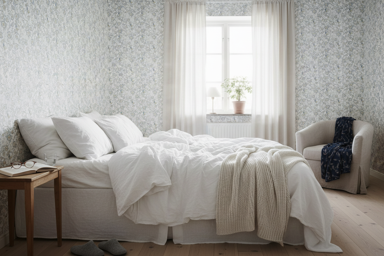 Epiphany - Ljusblå - Romantisk tapet med fåglar och blommor