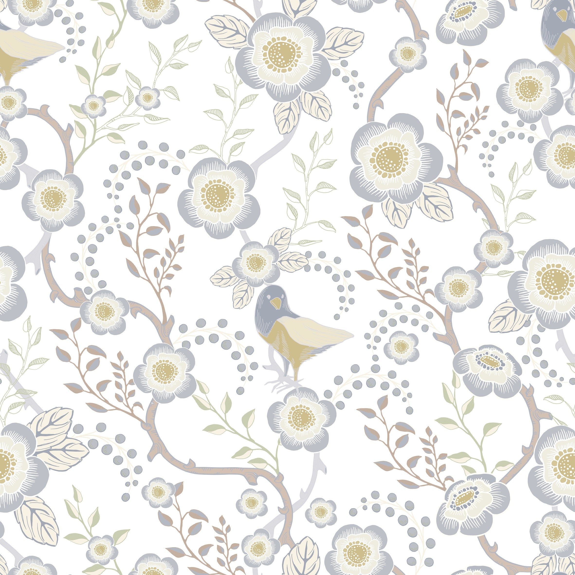 Epiphany - Ljusblå - Romantisk tapet med fåglar och blommor