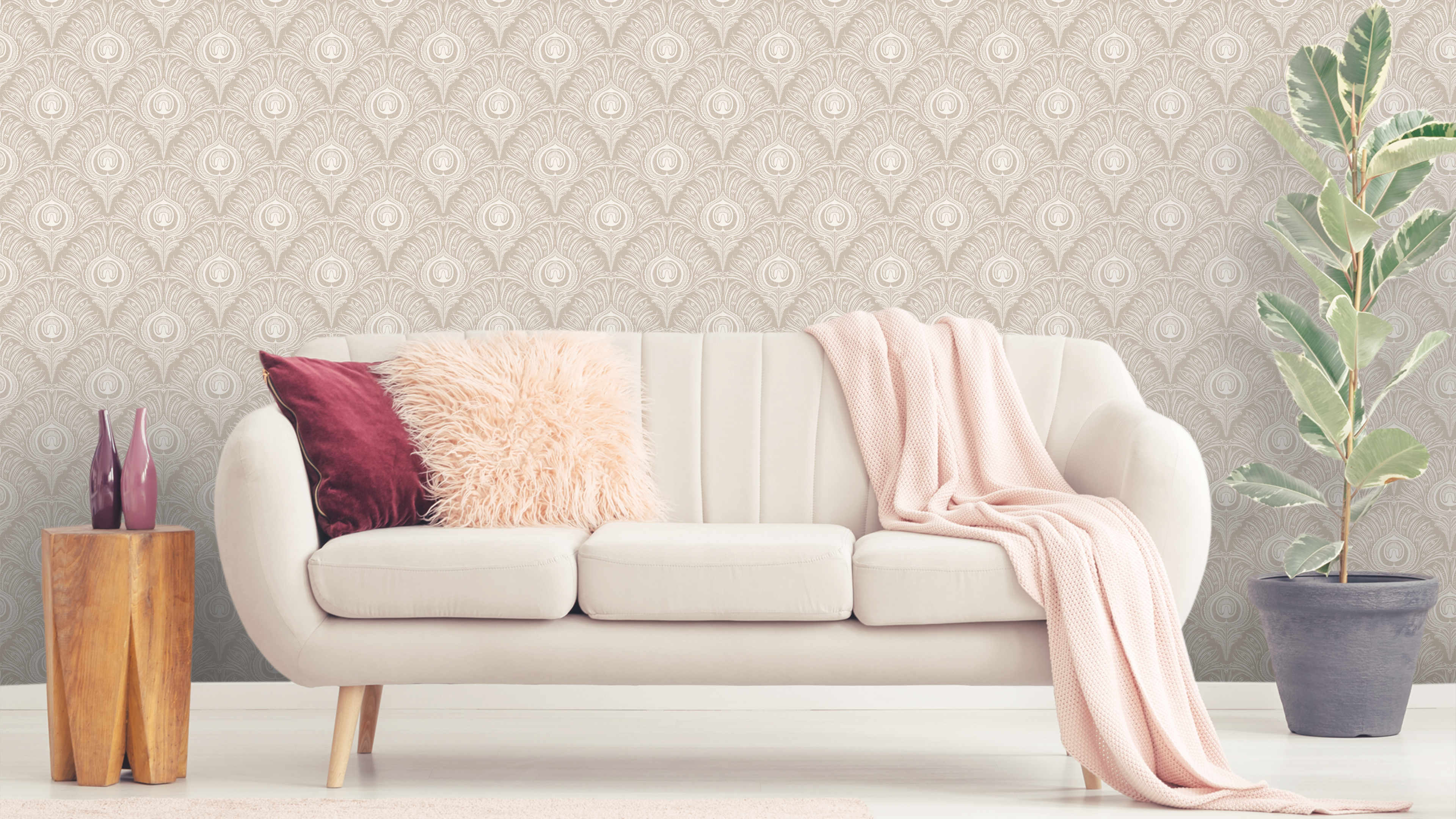 Peacock Plume Damask - Blush Beige