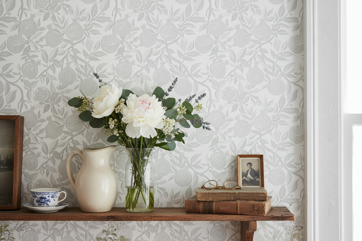 Reval Wallpaper Pomegranate Delight - Grå - Tapet med granatäpplen i grått – högkvalitativ tapet för en personlig och harm...
