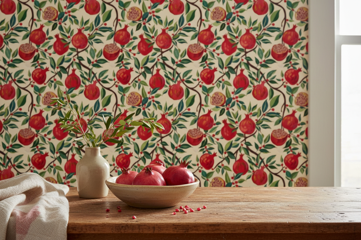Reval Wallpaper Pomegranate Delight - Röd - Tapet med granatäpplen i rött – högkvalitativ tapet för en personlig och harmo...