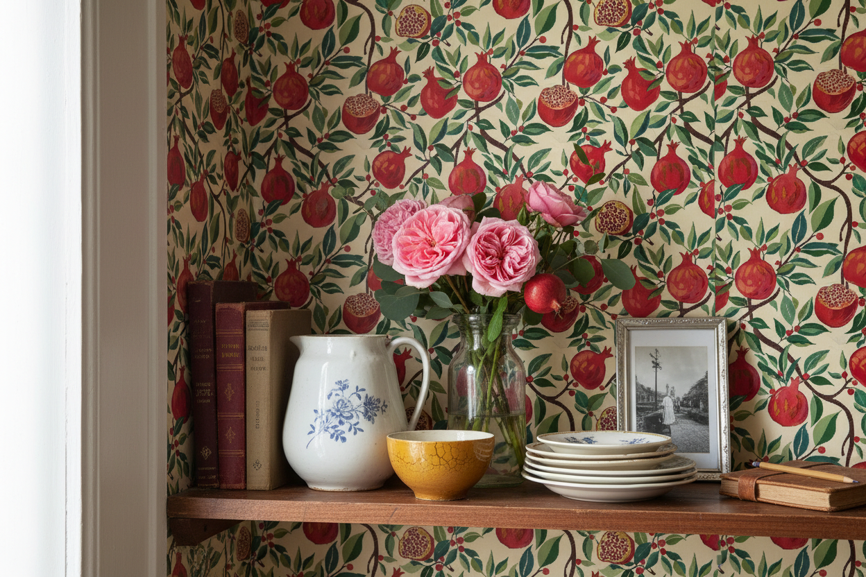 Reval Wallpaper Pomegranate Delight - Röd - Tapet med granatäpplen i rött – högkvalitativ tapet för en personlig och harmo...