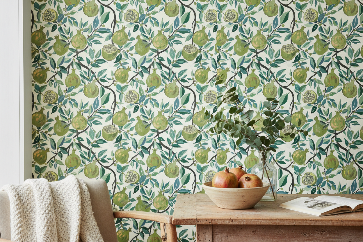 Reval Wallpaper Pomegranate Delight - Grön - Tapet med granatäpplen i grönt – högkvalitativ tapet för en personlig och har...