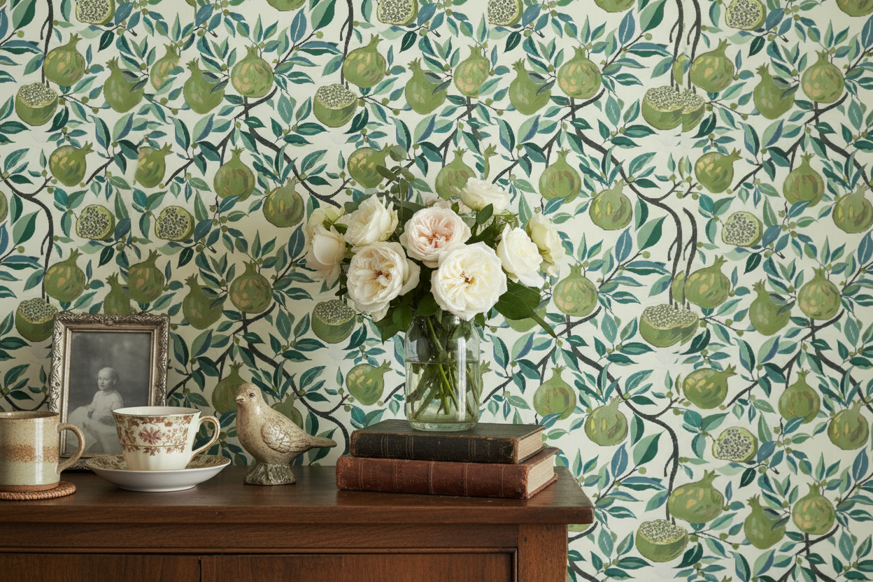 Reval Wallpaper Pomegranate Delight - Grön - Tapet med granatäpplen i grönt – högkvalitativ tapet för en personlig och har...