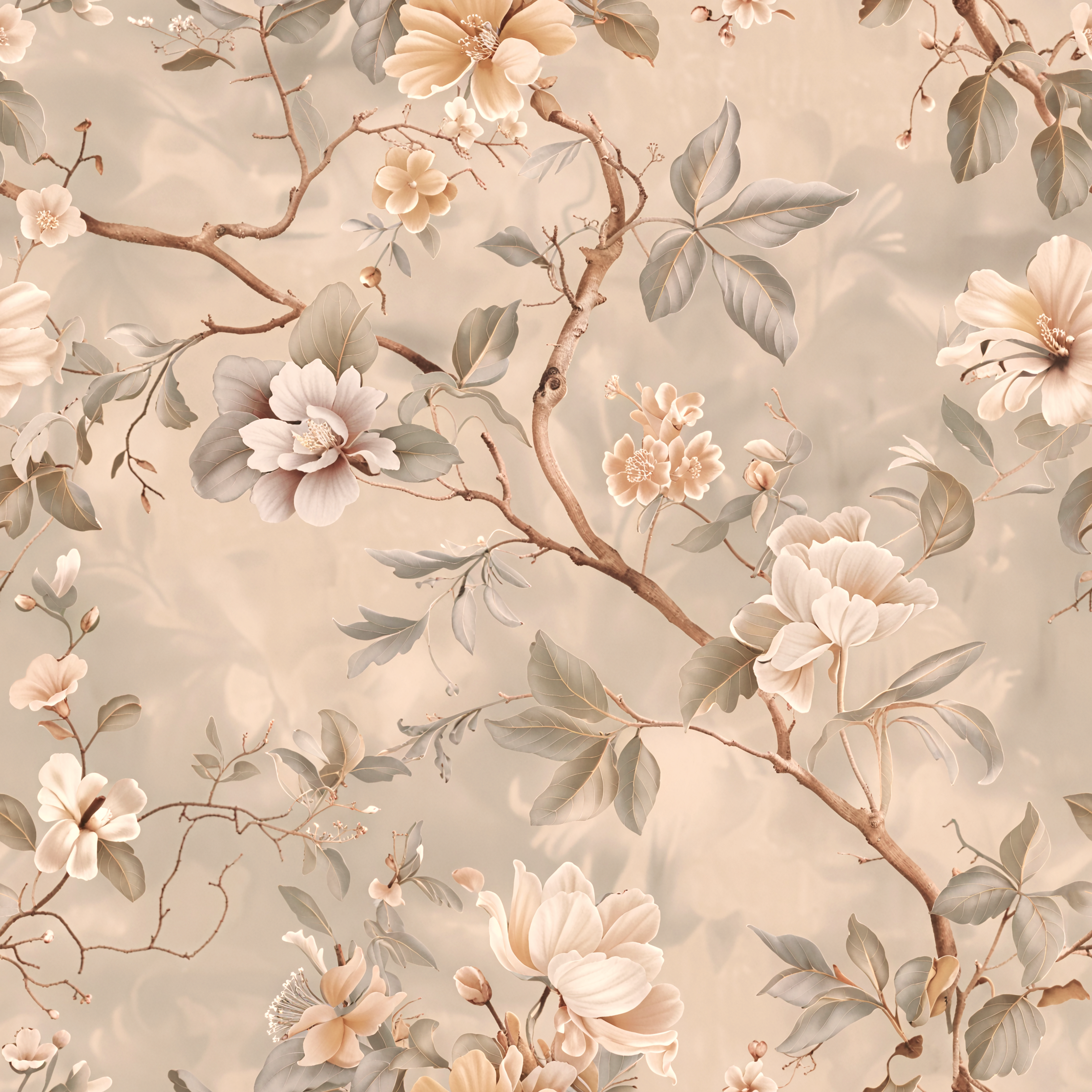 Asian Spring Mankai - Elegant tapet med graciösa blommor i beige-bruna toner