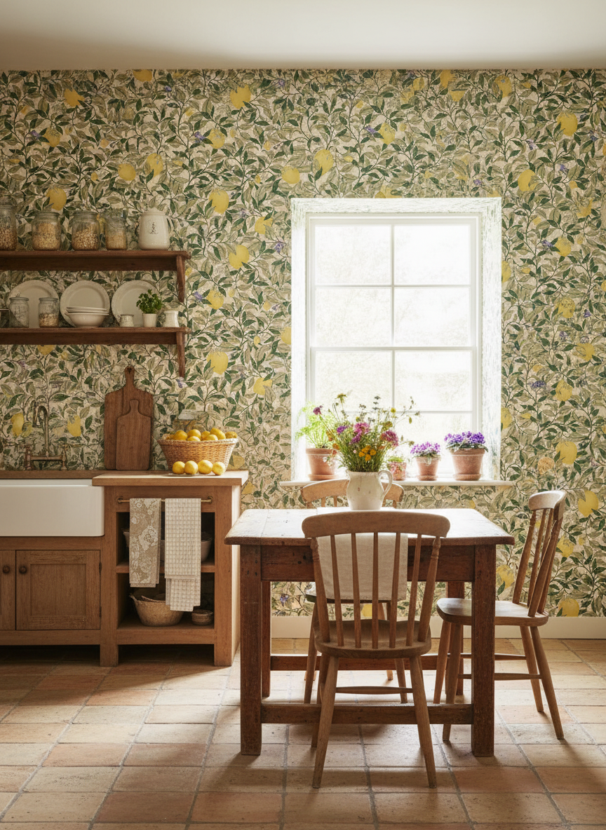 Lemongarden - Vit - Citronmönstrad tapet för medelhavskänsla