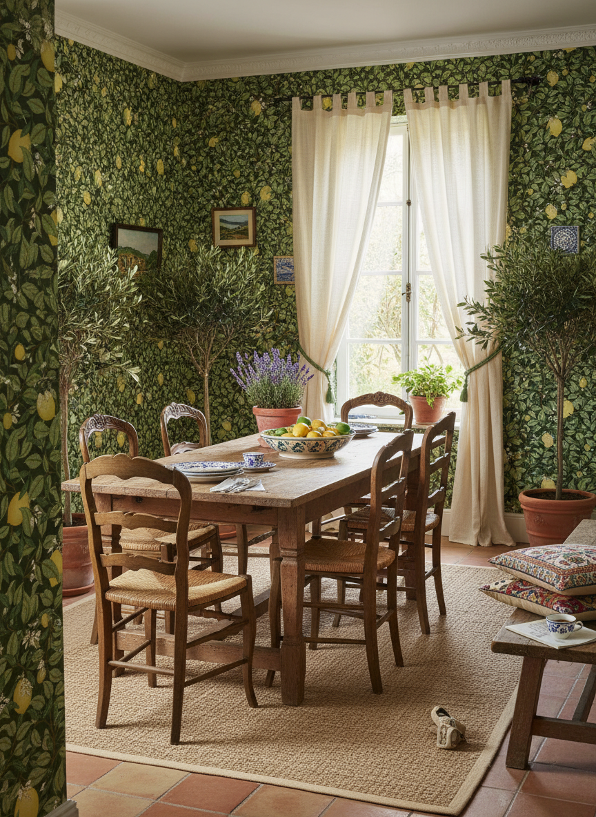 Lemongarden - Grön - Citronmönstrad tapet i gröna toner