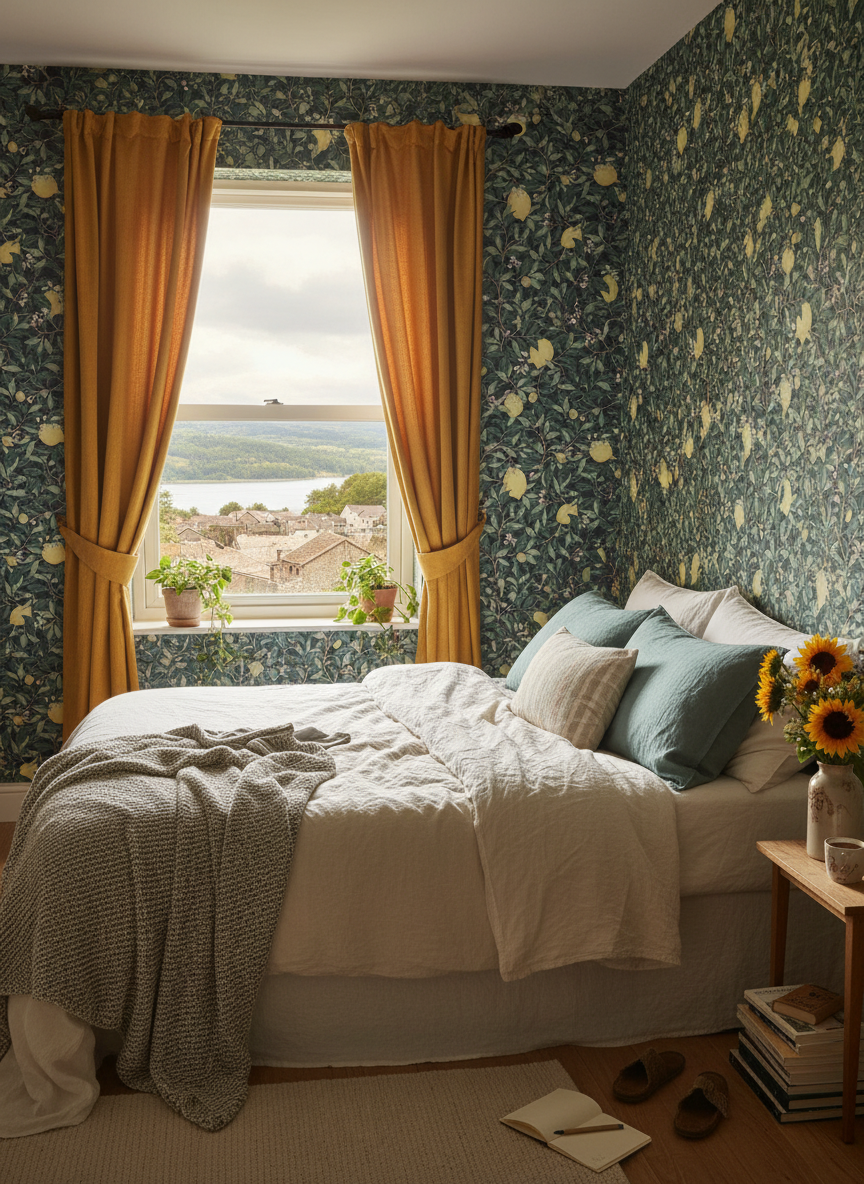 Lemongarden - Blågrön - Citronmönstrad tapet i blågröna toner