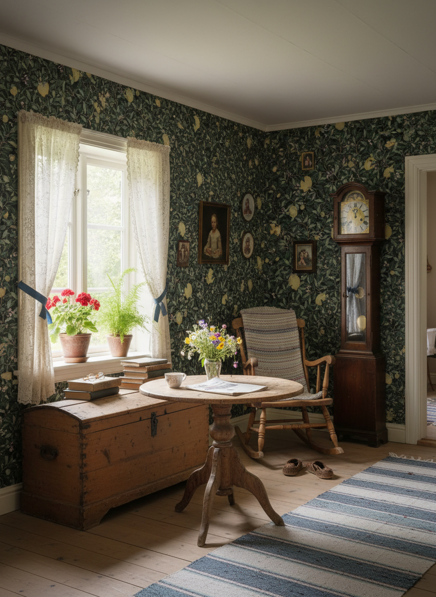 Lemongarden - Blågrön - Citronmönstrad tapet i blågröna toner