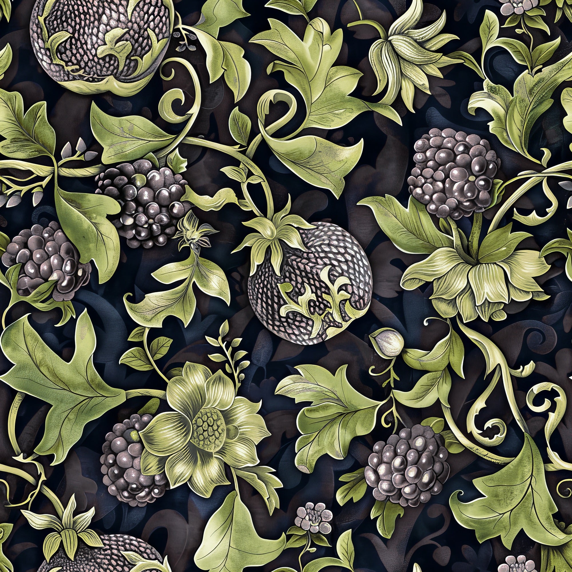 Castle Fruits - Blå - Elegant tapet med djupblå frukter mot mörk bakgrund