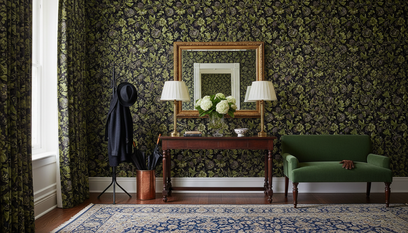 Castle Fruits - Blå - Elegant tapet med djupblå frukter mot mörk bakgrund