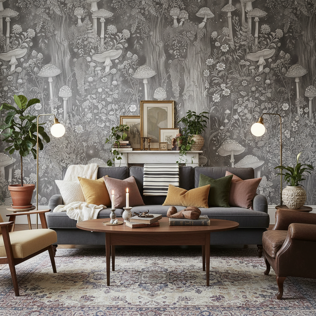 Svampskog - Vertikal - Grå - Magisk skogsvägg inspirerad av John Bauer