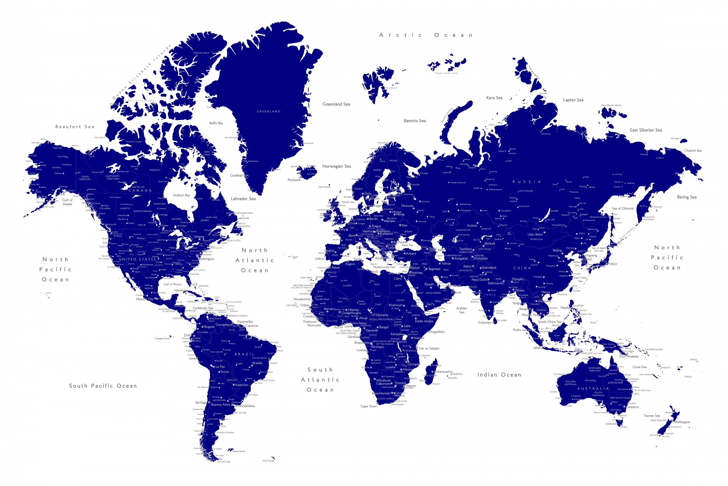 Navy blue world map with cities, Nevin