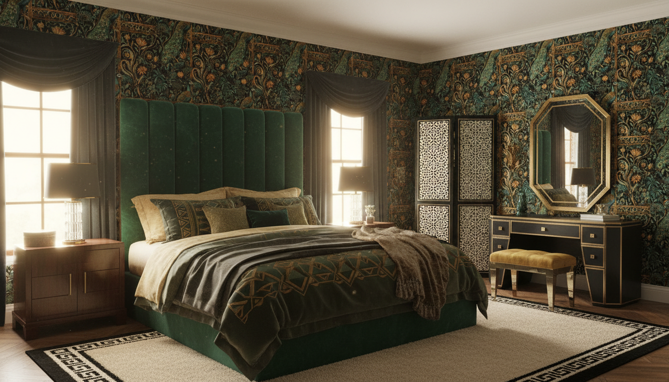 Peacock Serenity - Emerald Noir Gold - Lyxig tapet med påfågelsmotiv