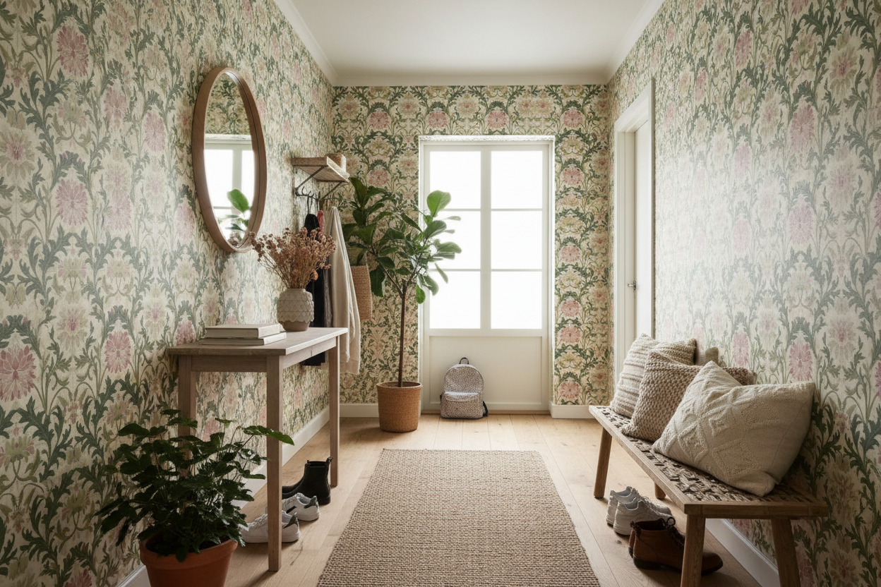 Jennie - Grön - Botanisk tapet med blommor och blad