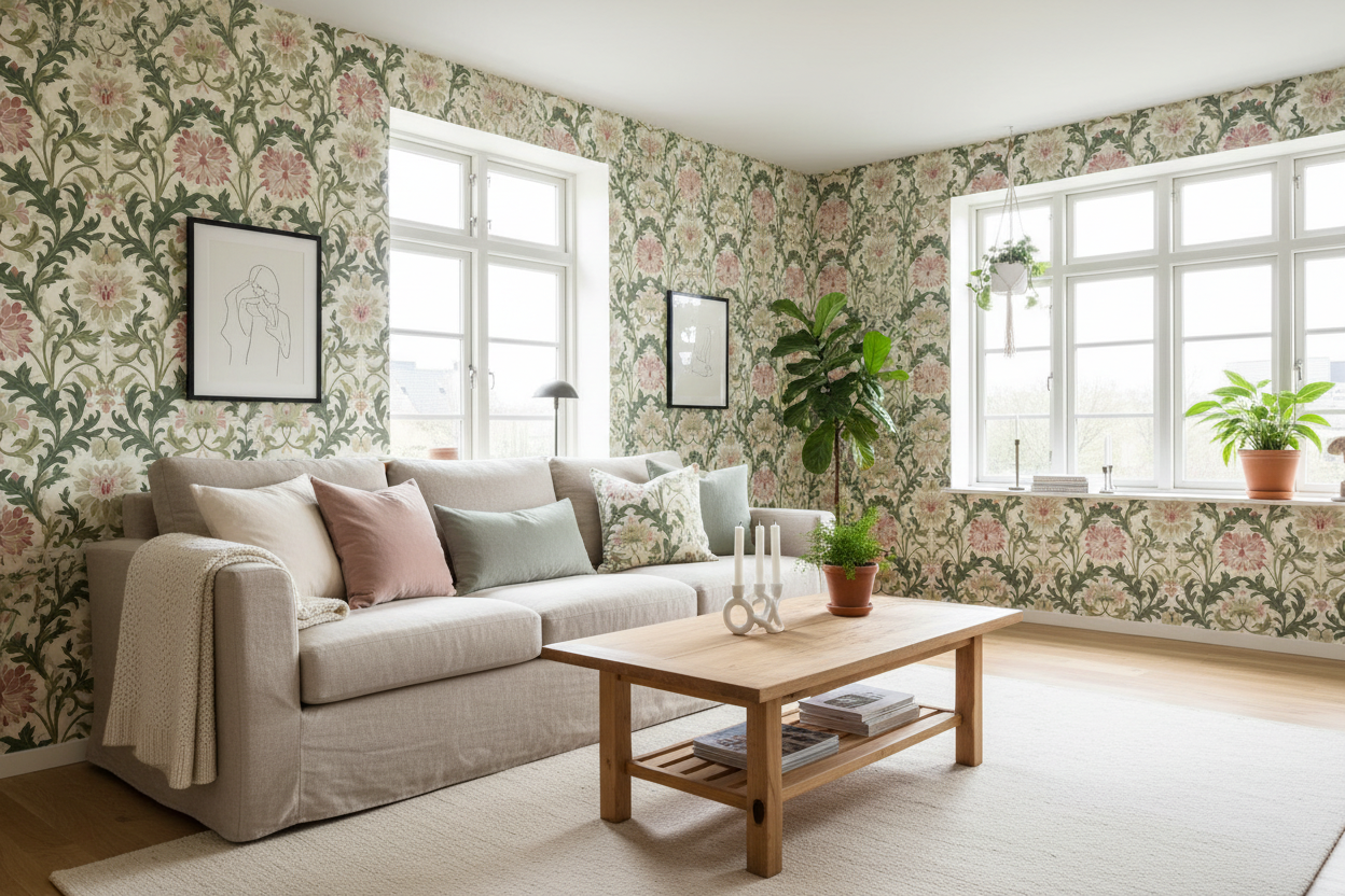 Jennie - Grön - Botanisk tapet med blommor och blad