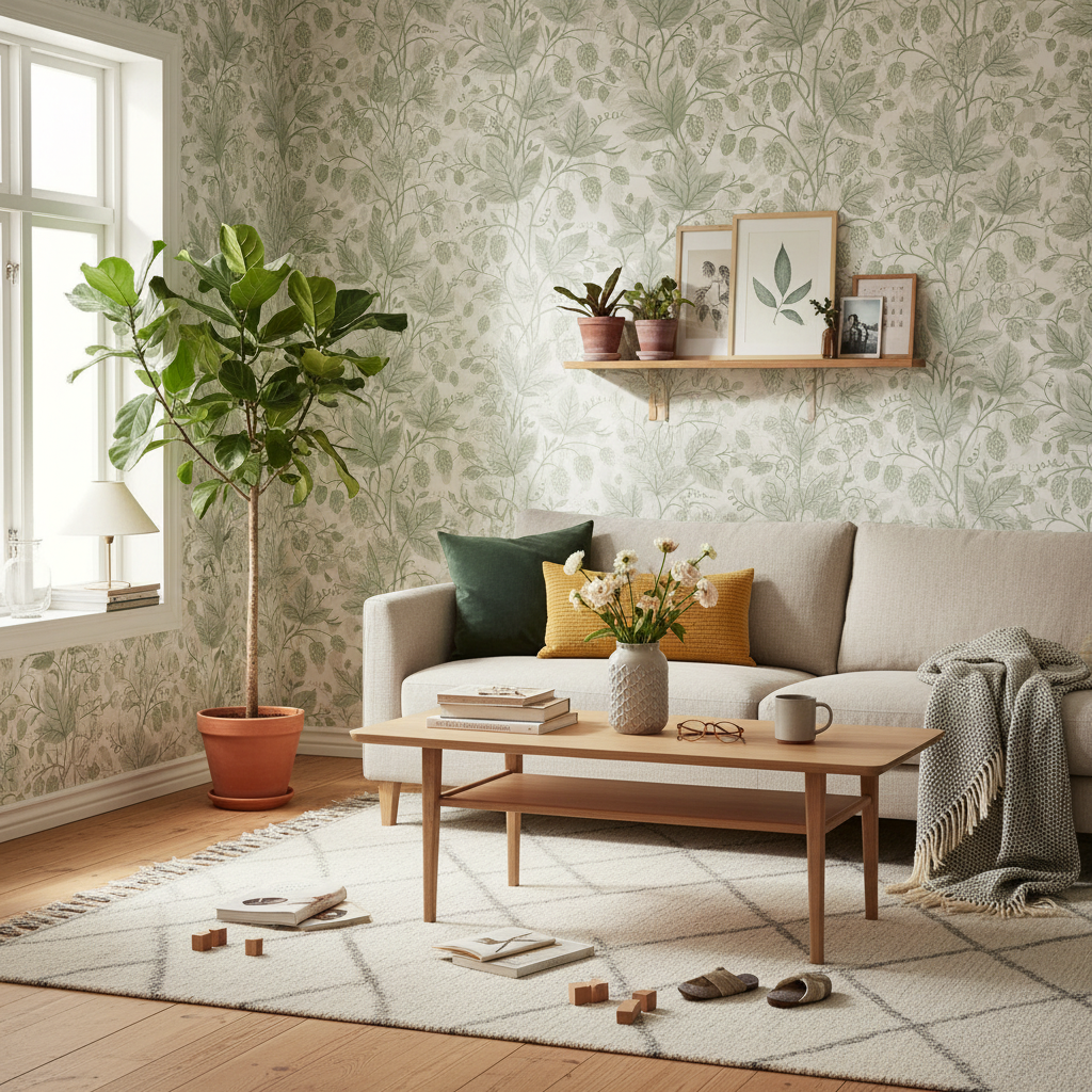 Trailing Hops Light Green - Elegant tapet med organiskt humlemönster i ljusgröna toner