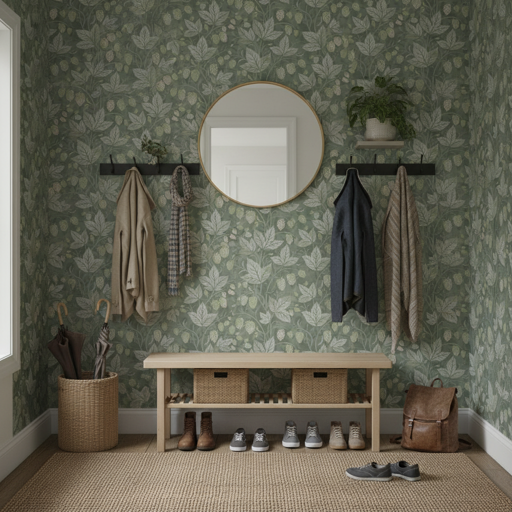 Trailing Hops Green - Elegant tapet med organiskt humlemönster i gröna toner