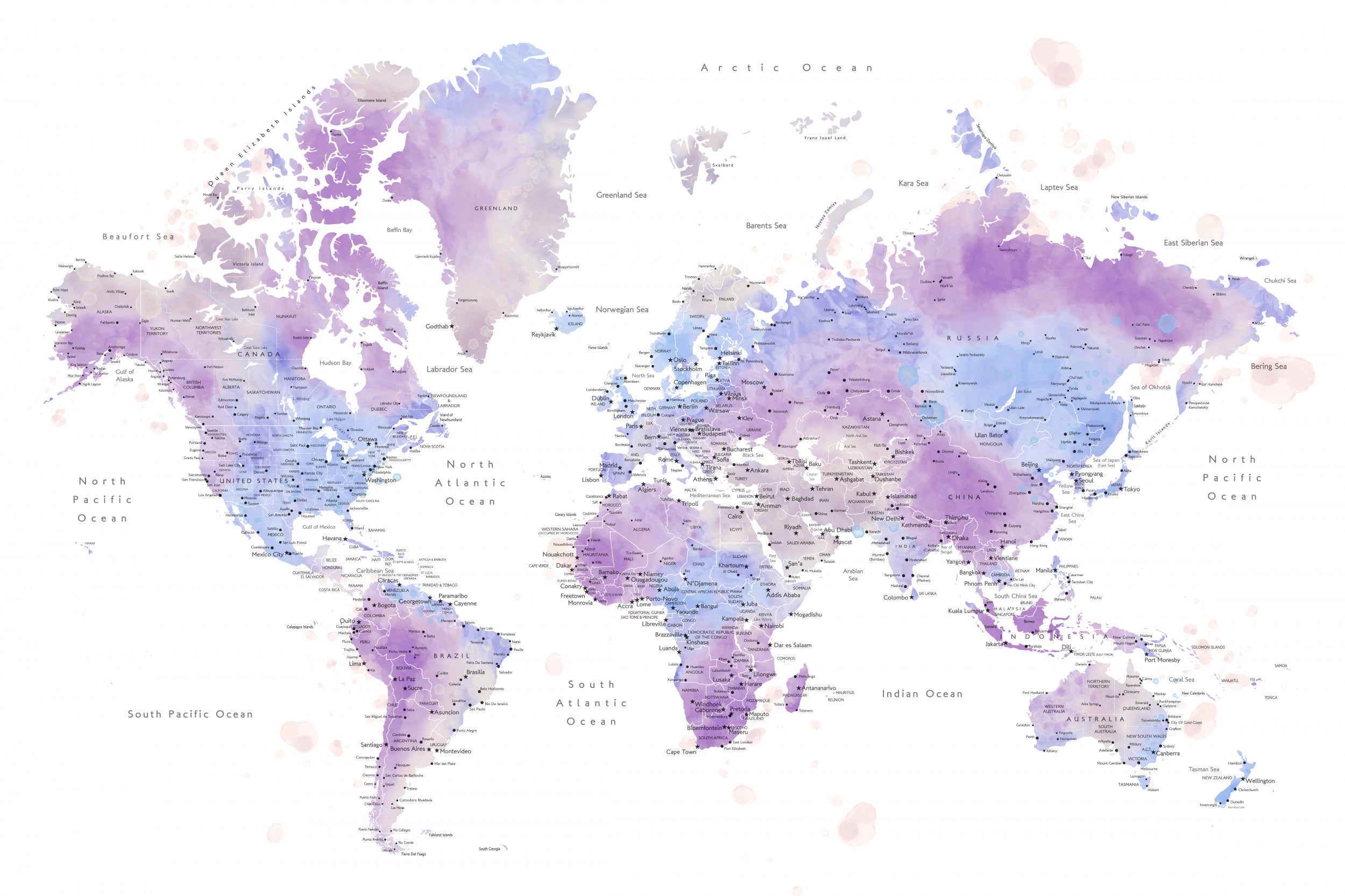 Watercolor world map with cities, Gina