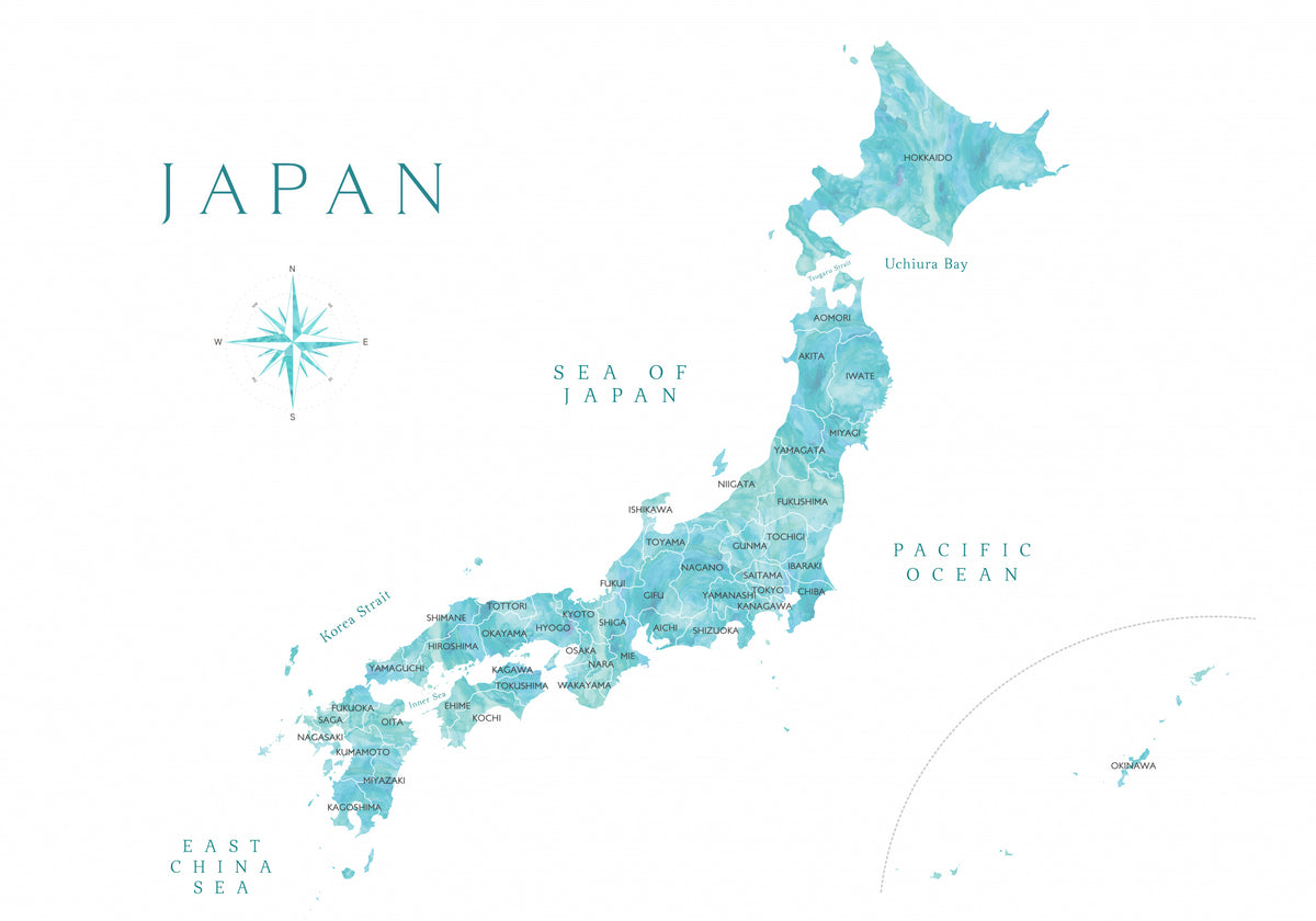 Akvarellkart over Japan i akvamarin