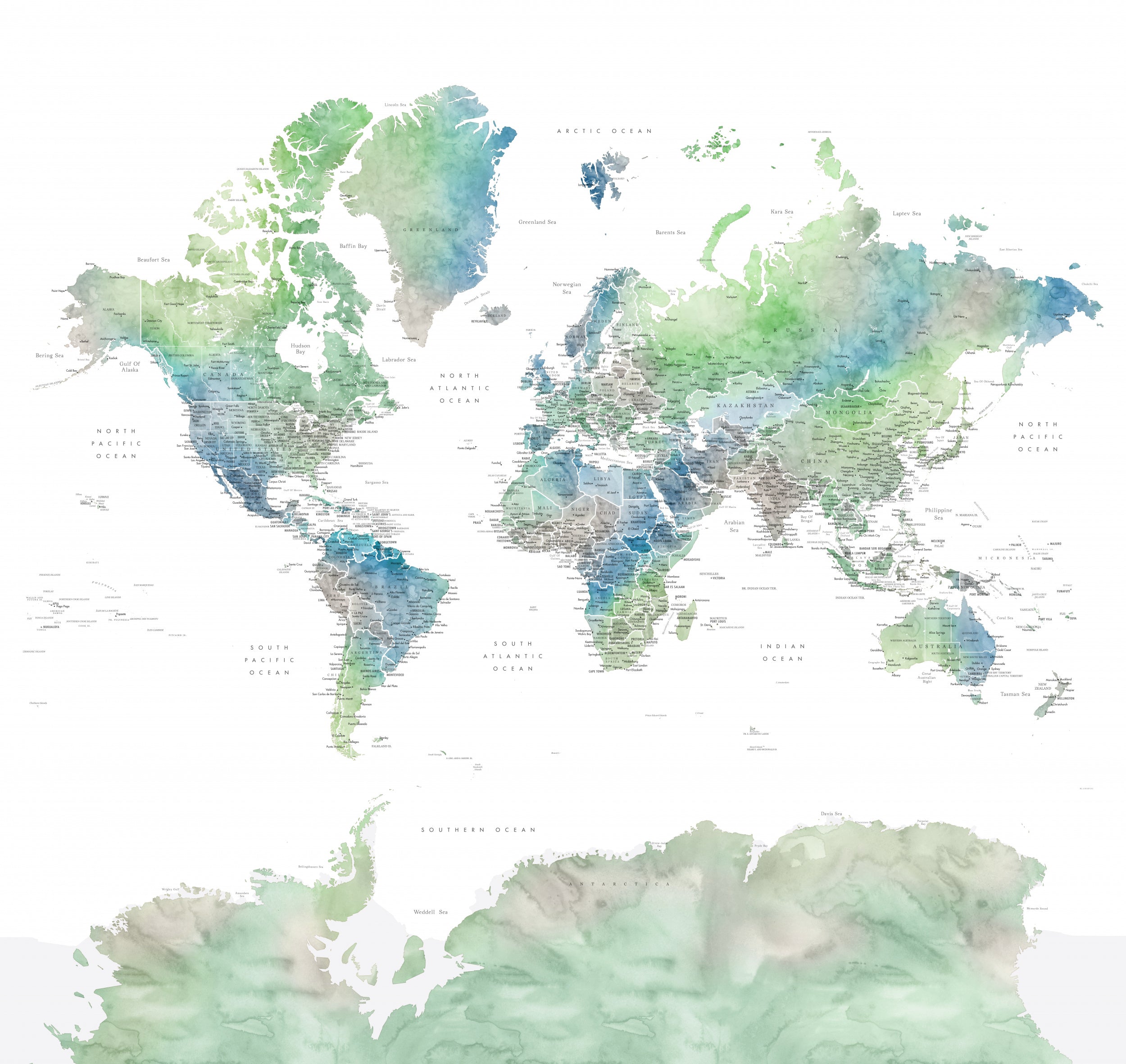 Detailed world map with cities, Declan