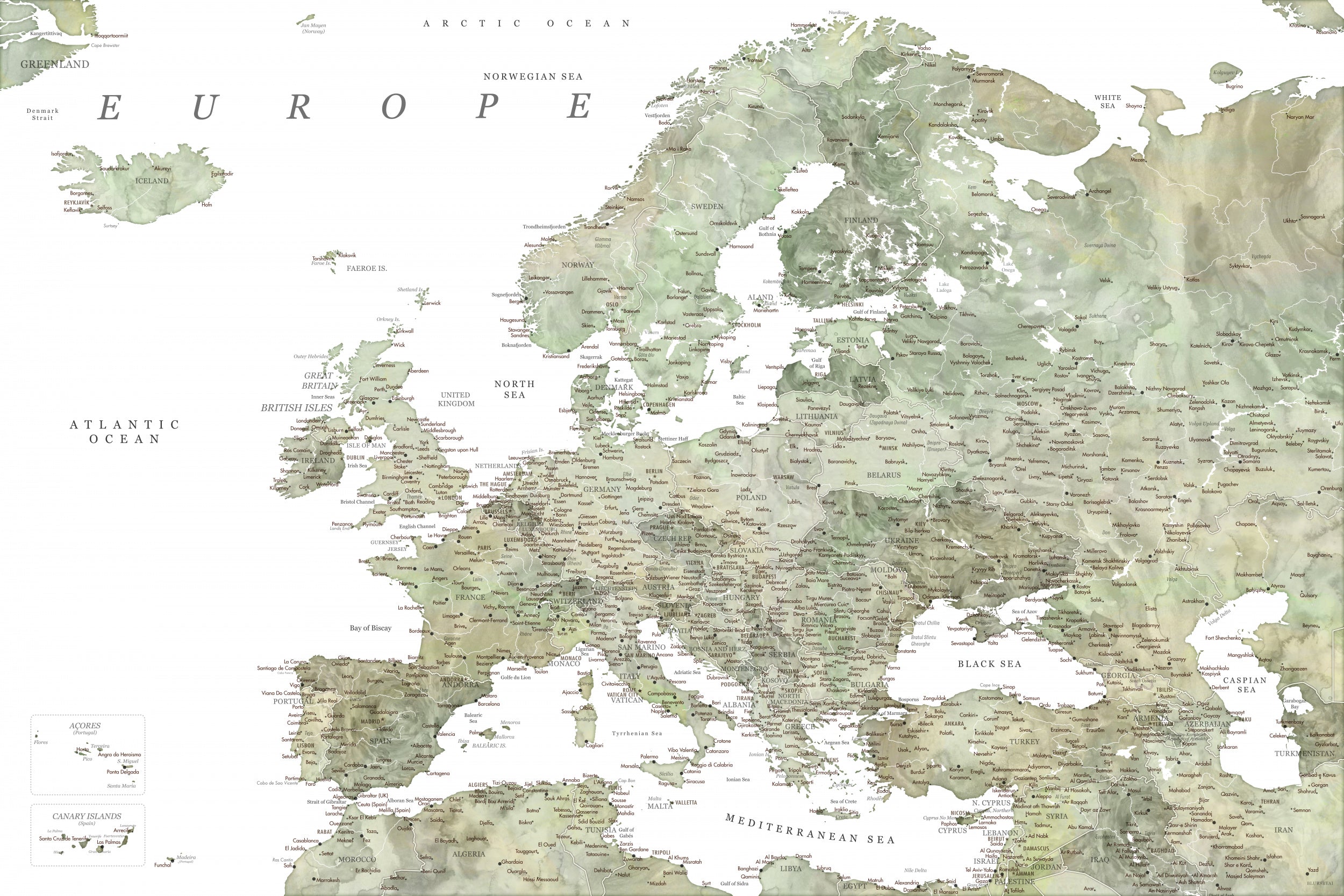 Green detailed map of Europe