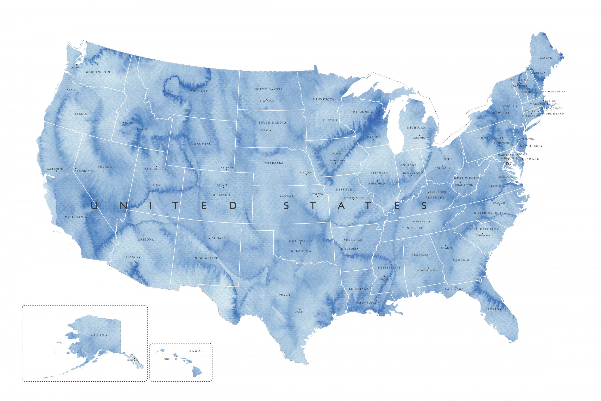 Blue watercolor map of the USA with states and state capitals