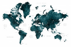 Wall mural Dark teal world map with cities Makani – fototapet med unikt motiv som skapar en inspirerande fondvägg