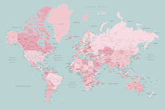 Wall mural Pink and aqua world map with cities Isobel – fototapet med unikt motiv som skapar en inspirerande fondvägg