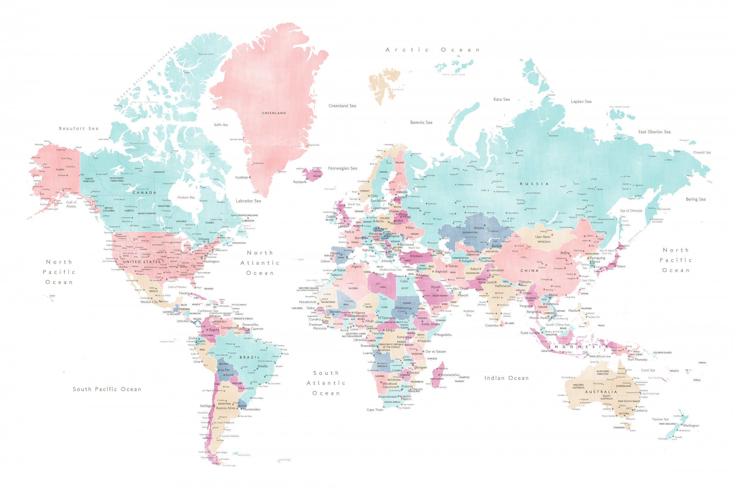 Distressed pastels world map with cities, Carmen