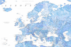 Wall mural Light blue watercolor detailed map of Europe – fototapet med unikt motiv som skapar en inspirerande fondvägg