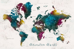 Wall mural Charleena world map with cities Adventure awaits – fototapet med unikt motiv som skapar en inspirerande fondvägg