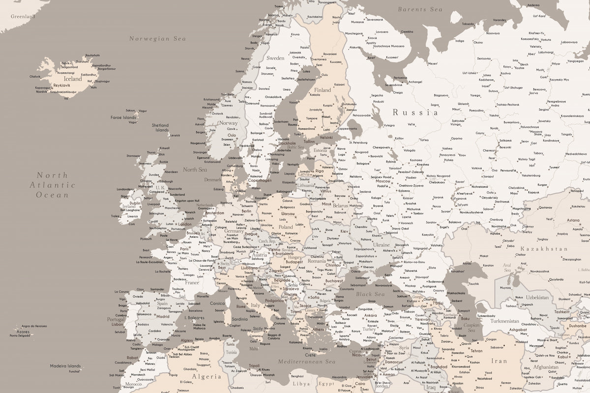 Detaljert kart over Europa i nøytrale farger