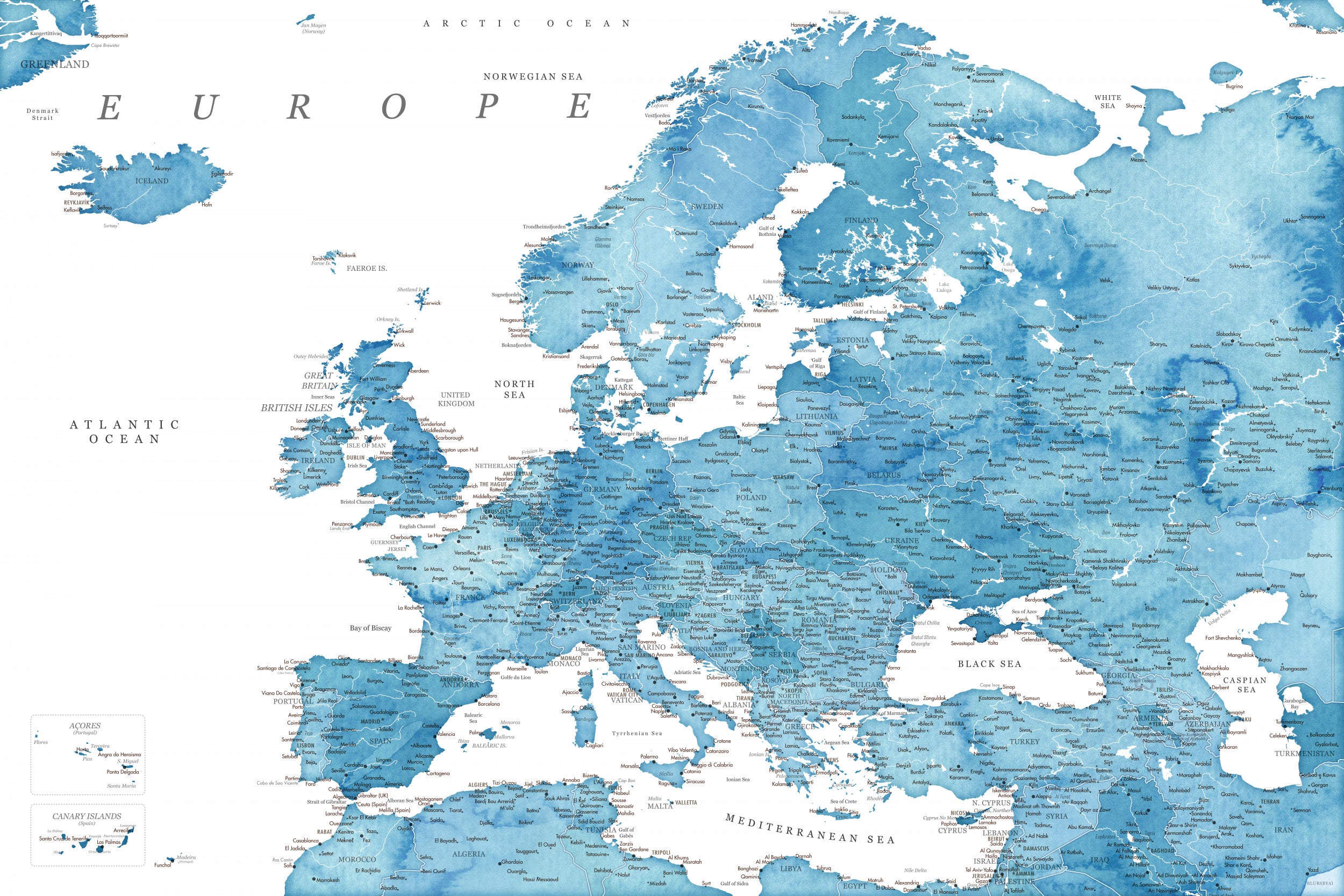 Blue detailed map of Europe