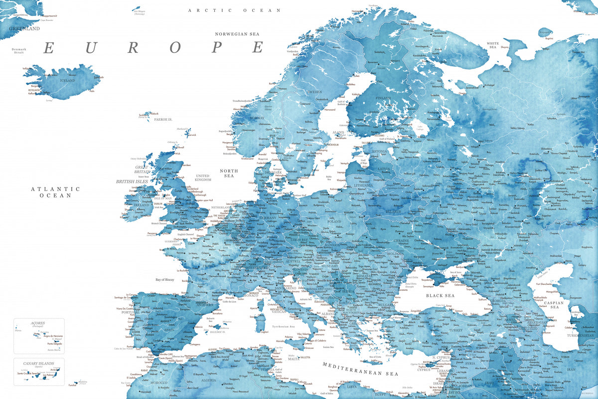 Blått detaljert kart over Europa