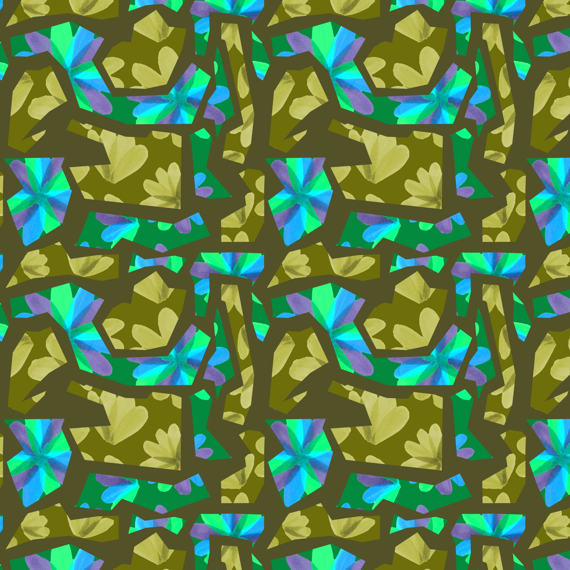 Floral Duo Cutouts Olive Blue On Green