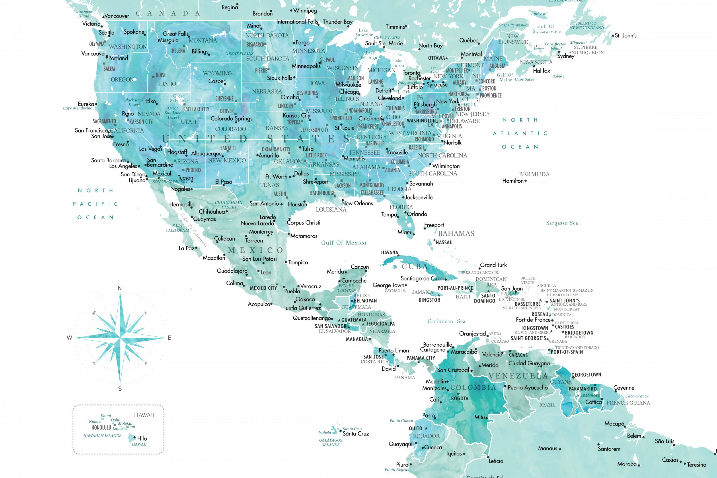 Aquamarine map of USA and Mexico