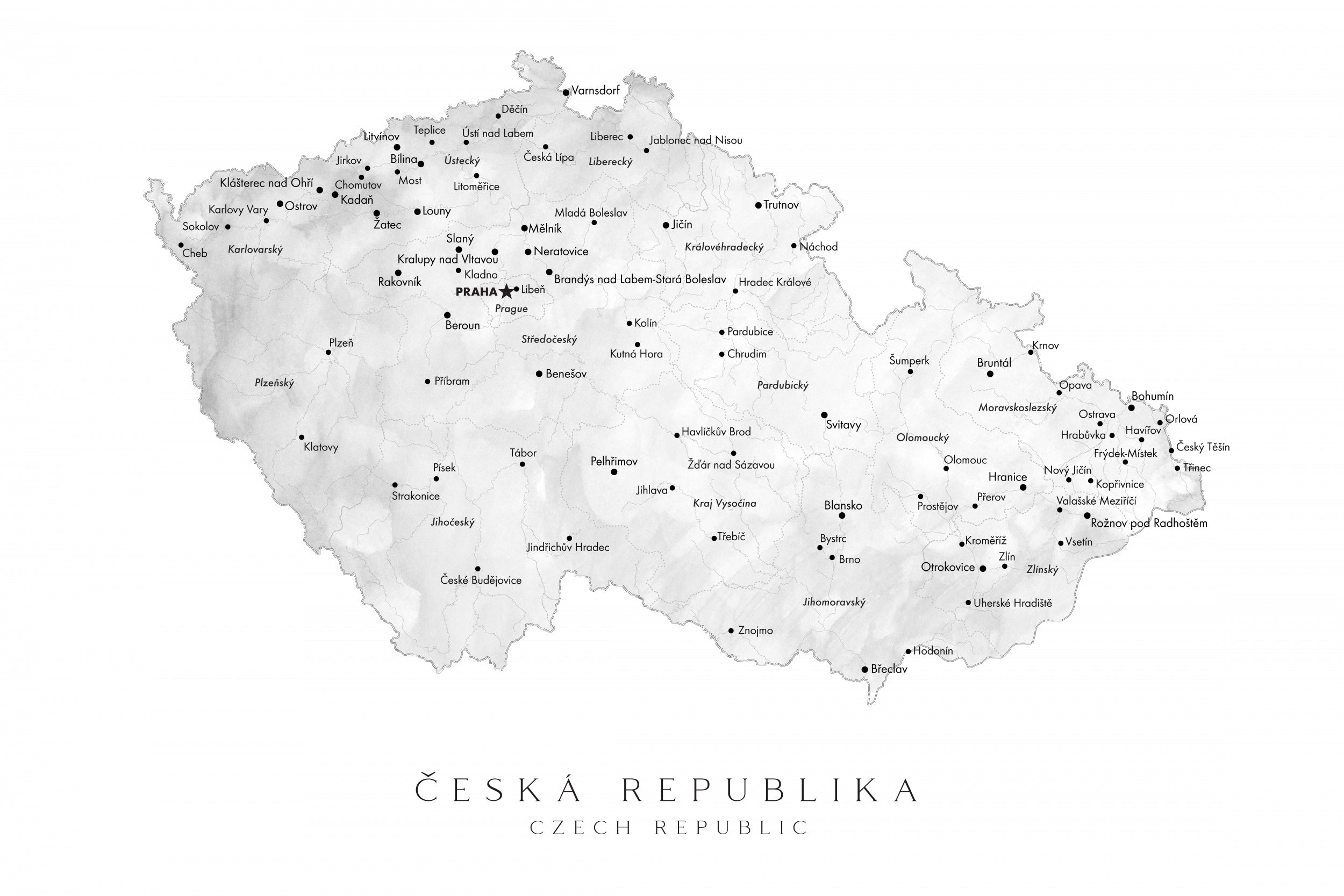 Gray watercolor map of the Czech Republic