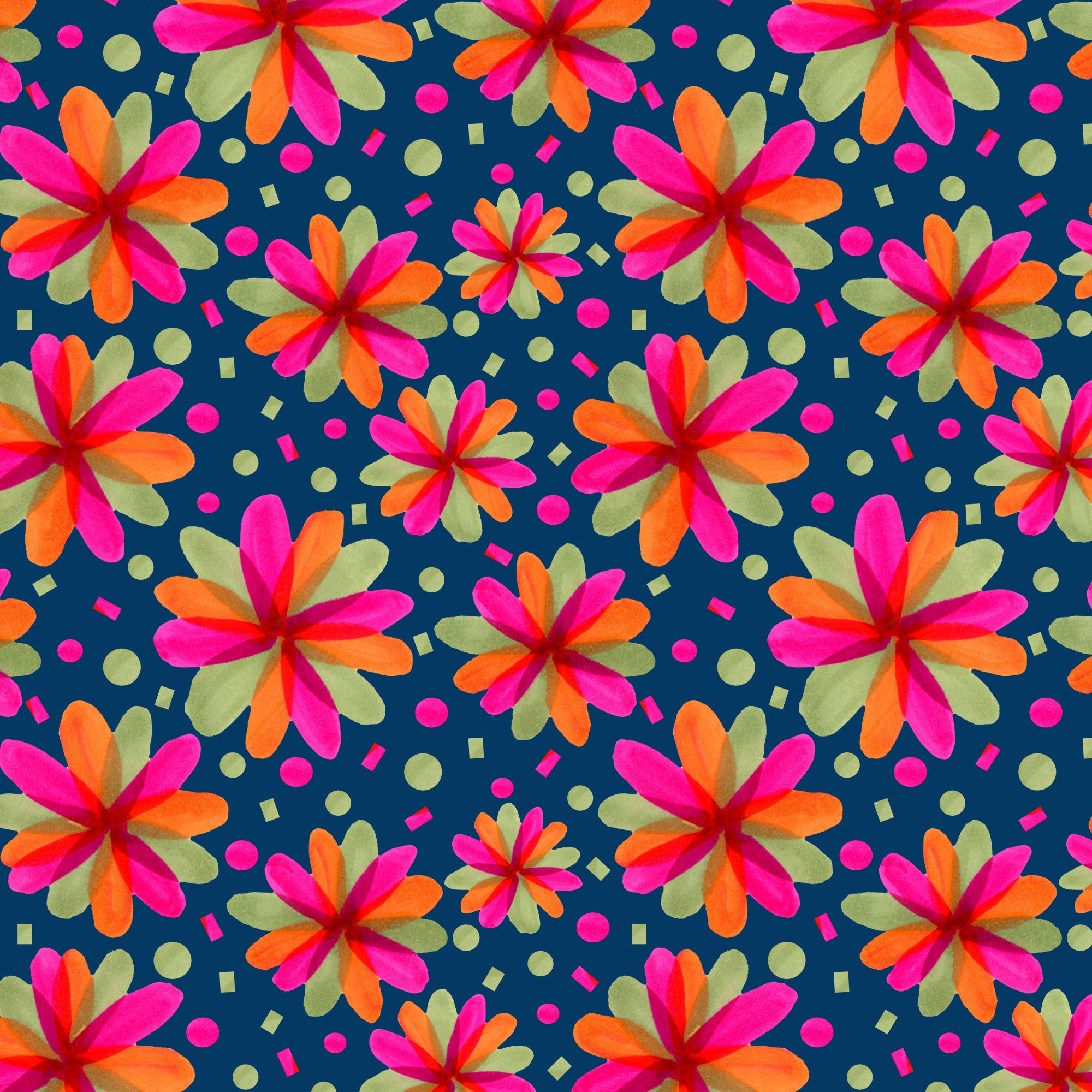 Floral Botanicals Magenta Green On Blue