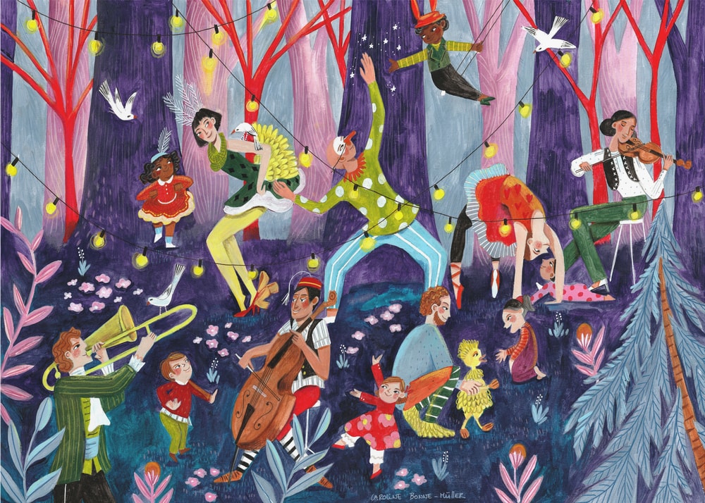 Circus performers and children in the forest