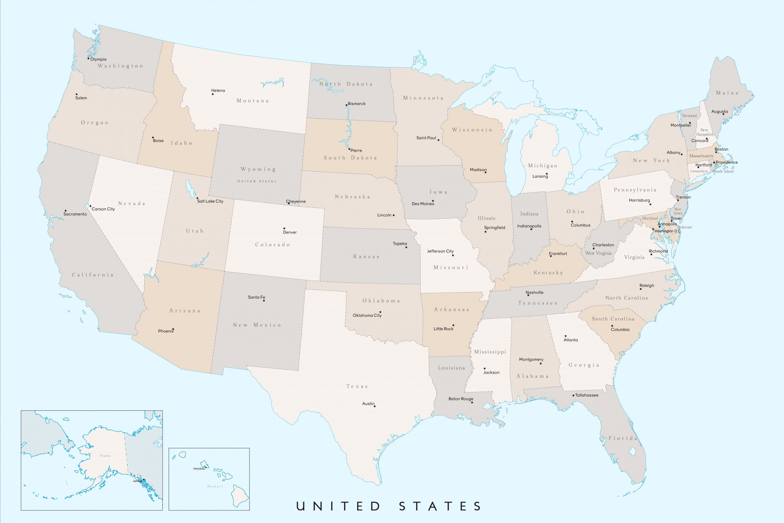 Isolated map of the United States with States and State capitals