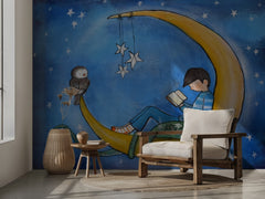 Boy Reading On Moon