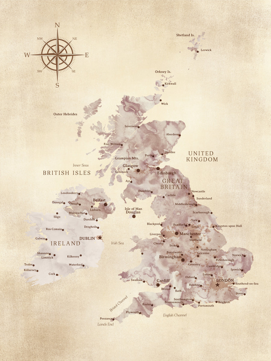 Sepiafarget kart over Storbritannia
