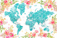 Wall mural Detailed floral world map with cities Haven – fototapet med unikt motiv som skapar en inspirerande fondvägg