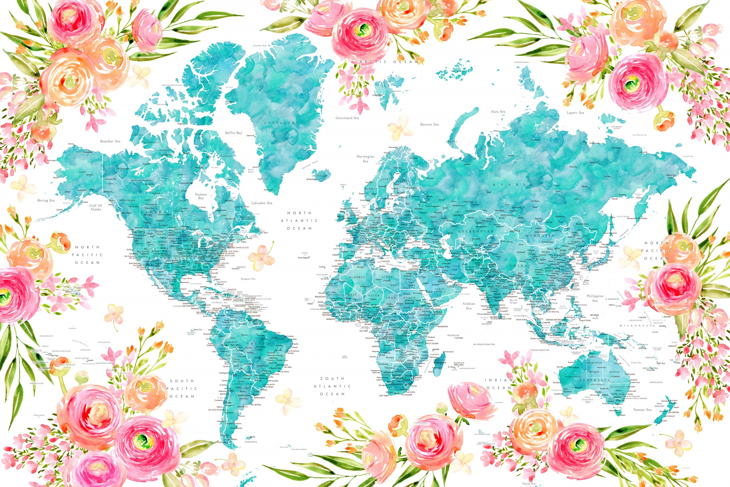 Detailed floral world map with cities, Haven