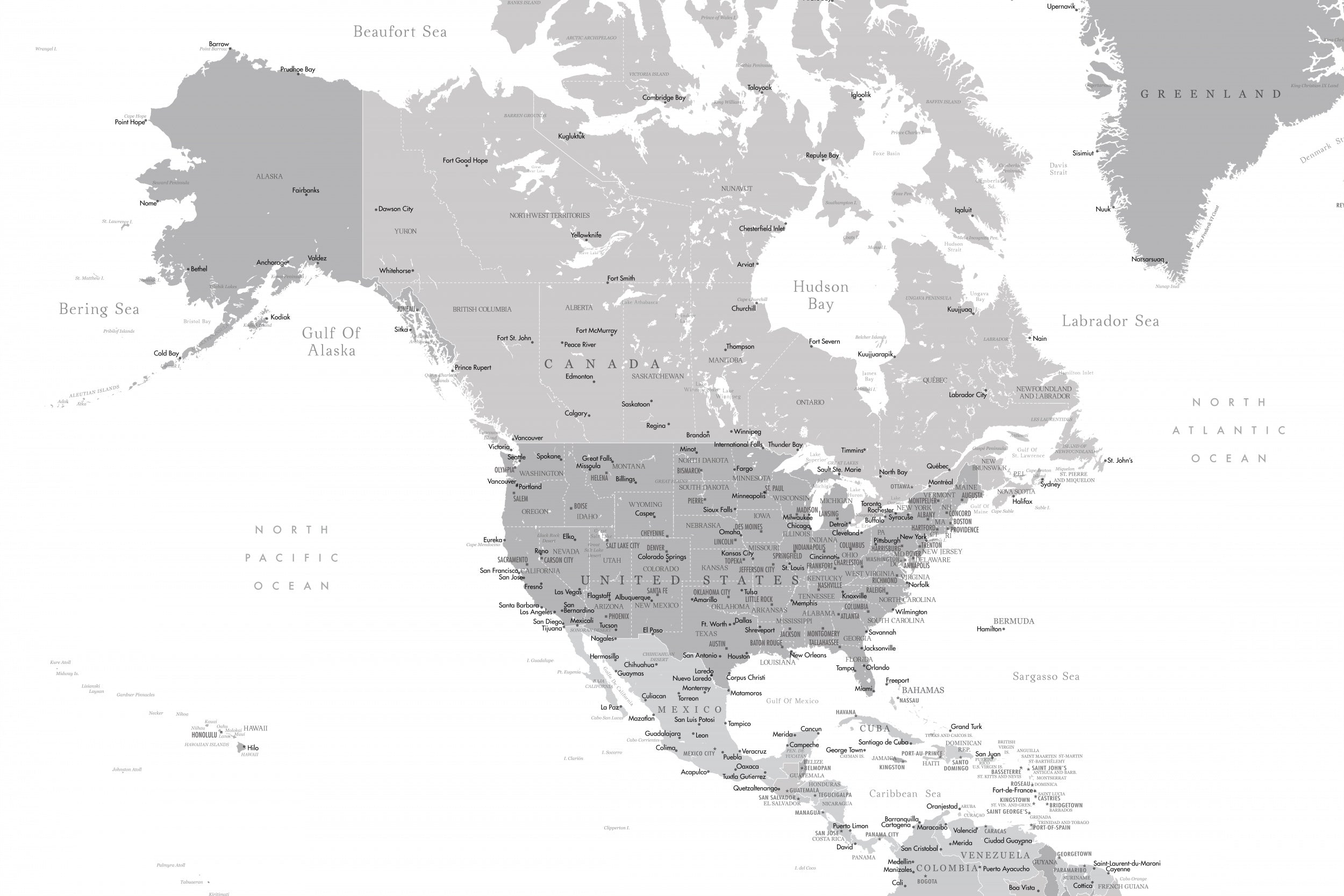 Gray map of North America with cities